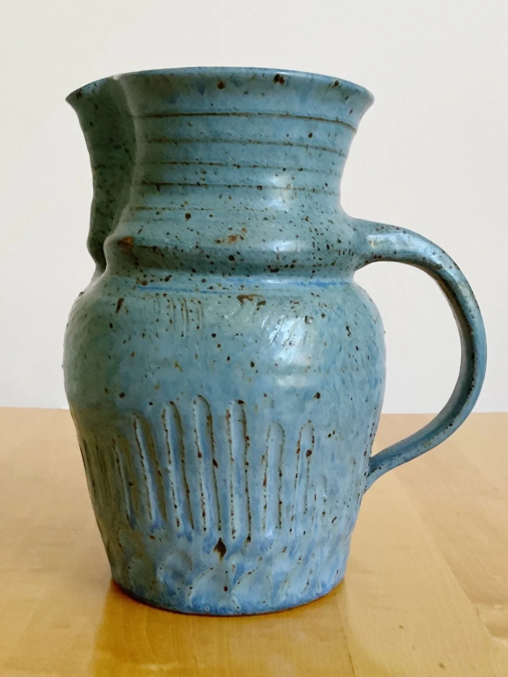 Signed Studio Art Pottery Pitcher Vase Blue Speckled Stoneware 8.25”